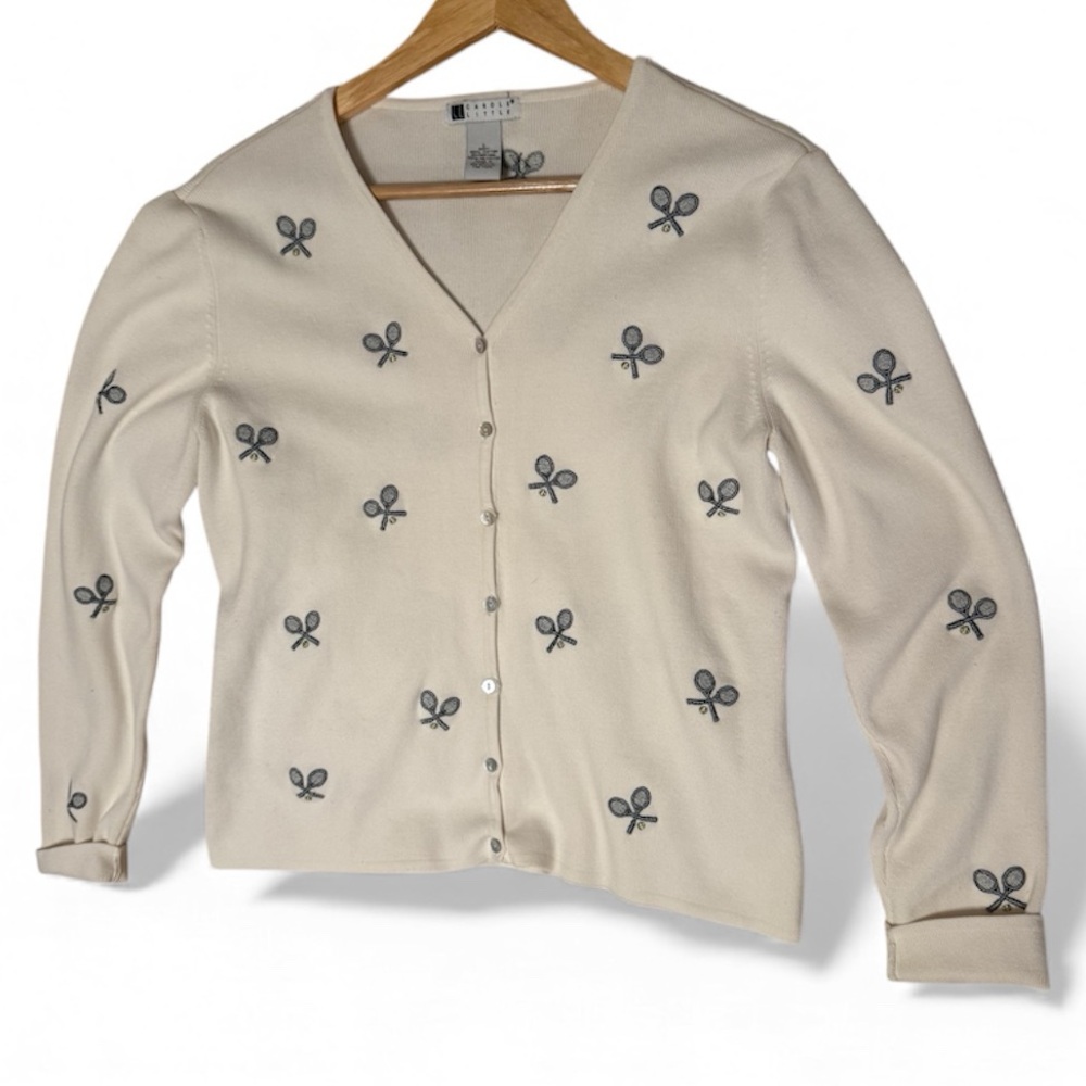 Carole Little Embroidered Tennis Racket Cardigan Cotton Sweater Ivory | Size L - Picture 5 of 5